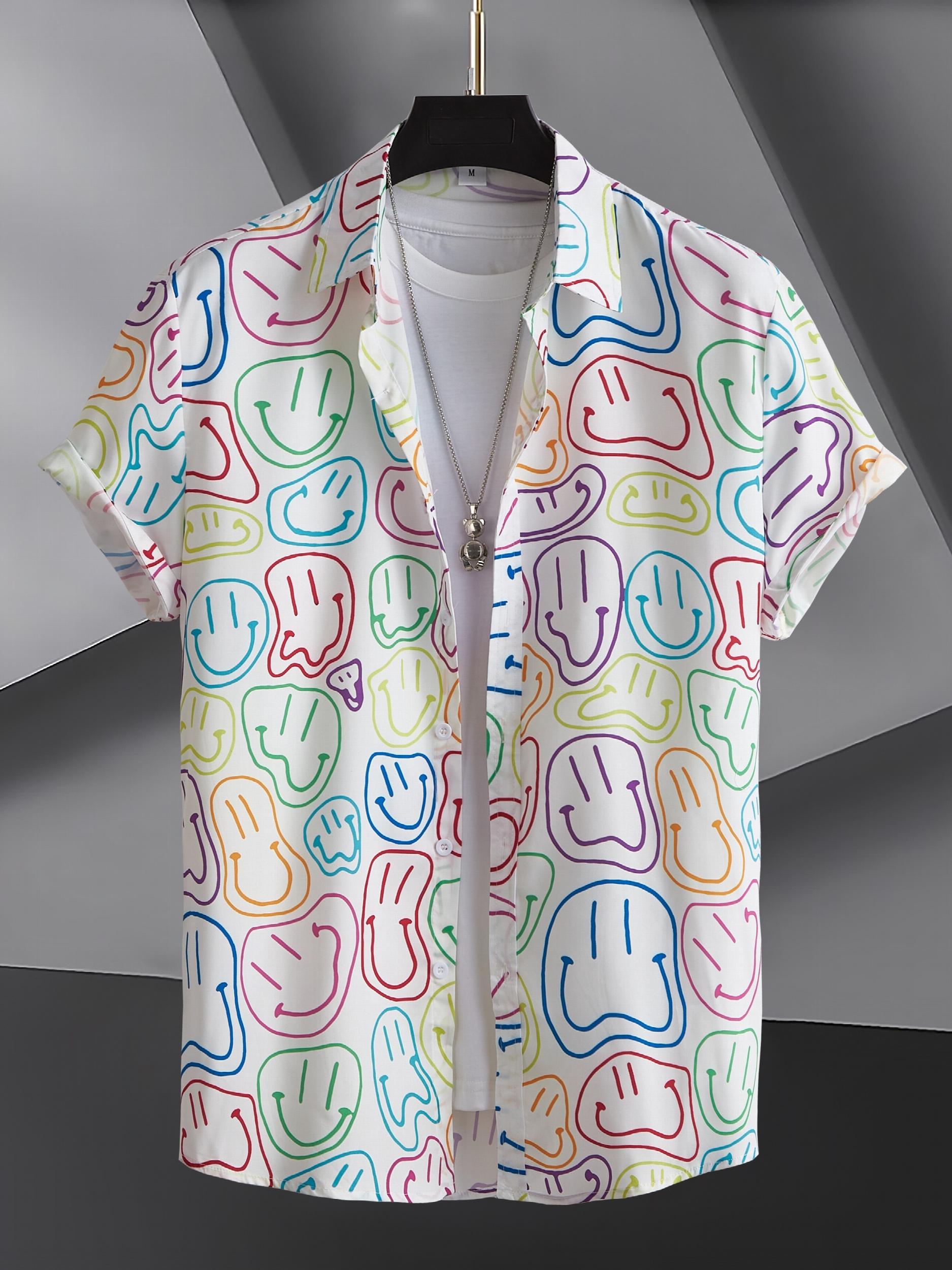 Colorful Smiling Face Men's Short Sleeve Button Up Shirt
