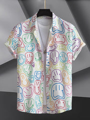 Colorful Smiling Face Men's Short Sleeve Button Up Shirt
