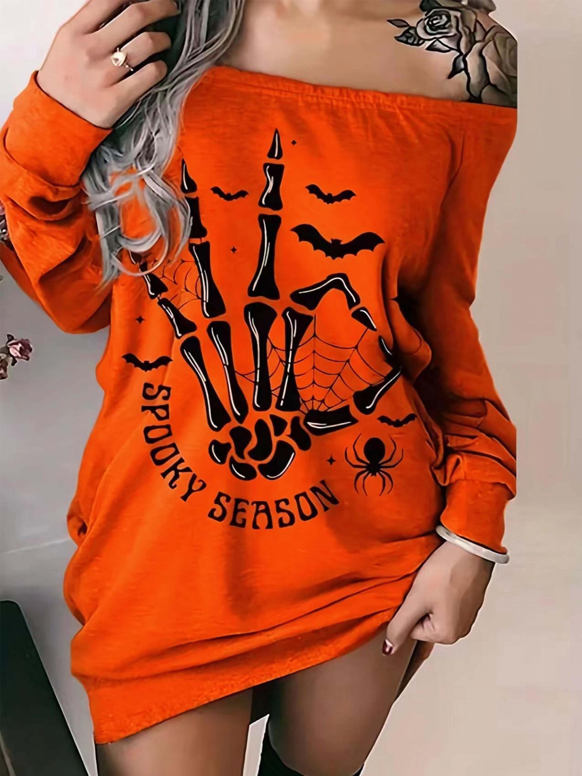 Halloween Skull Hand Print Off Shoulder Dress