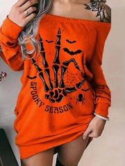 Halloween Skull Hand Print Off Shoulder Dress