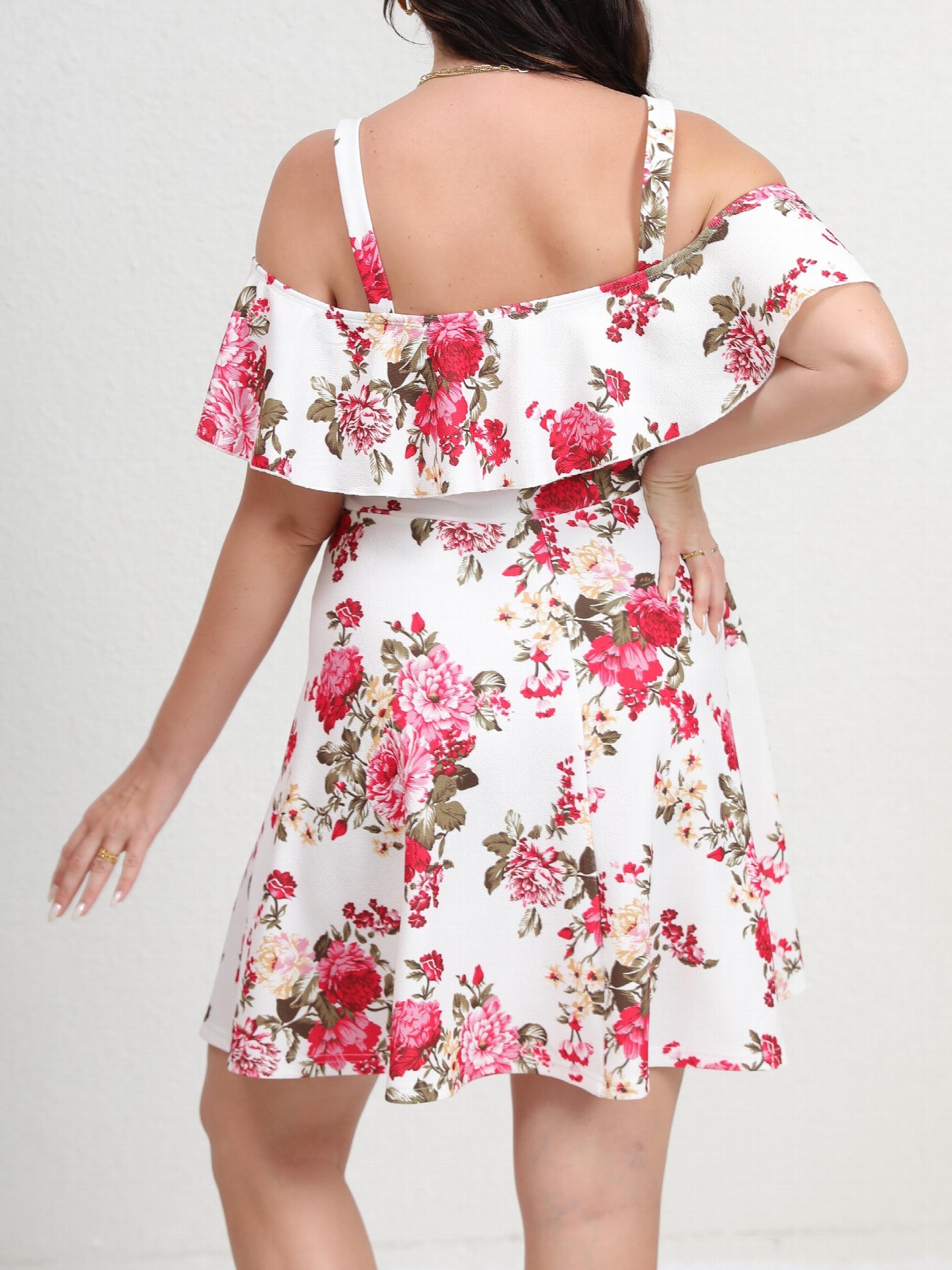 Women's Plus Floral Print Cold Shoulder Ruffle Trim Mini Dress