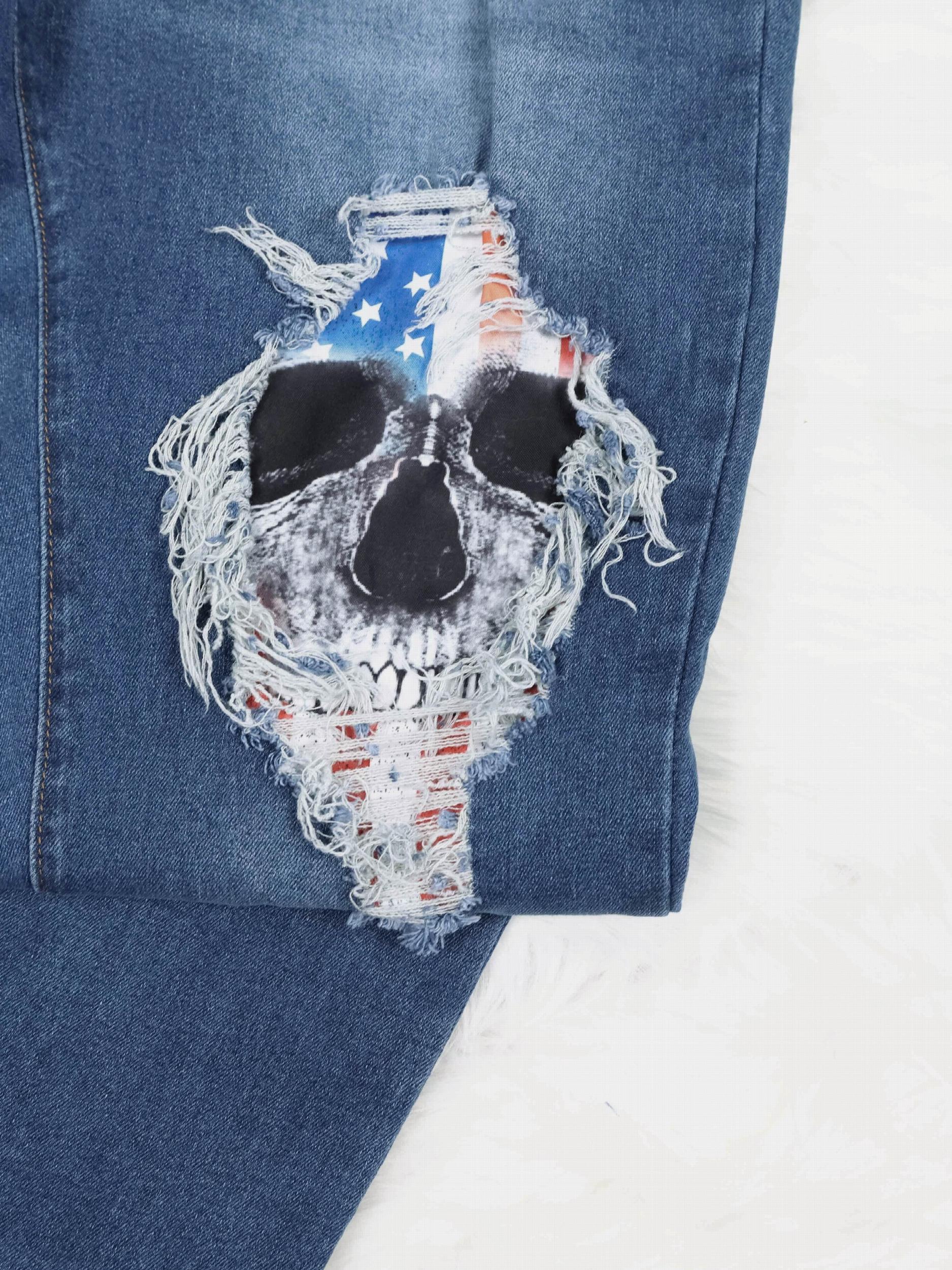 Skull Print Washed Button Fly Medium Stretch Jeans