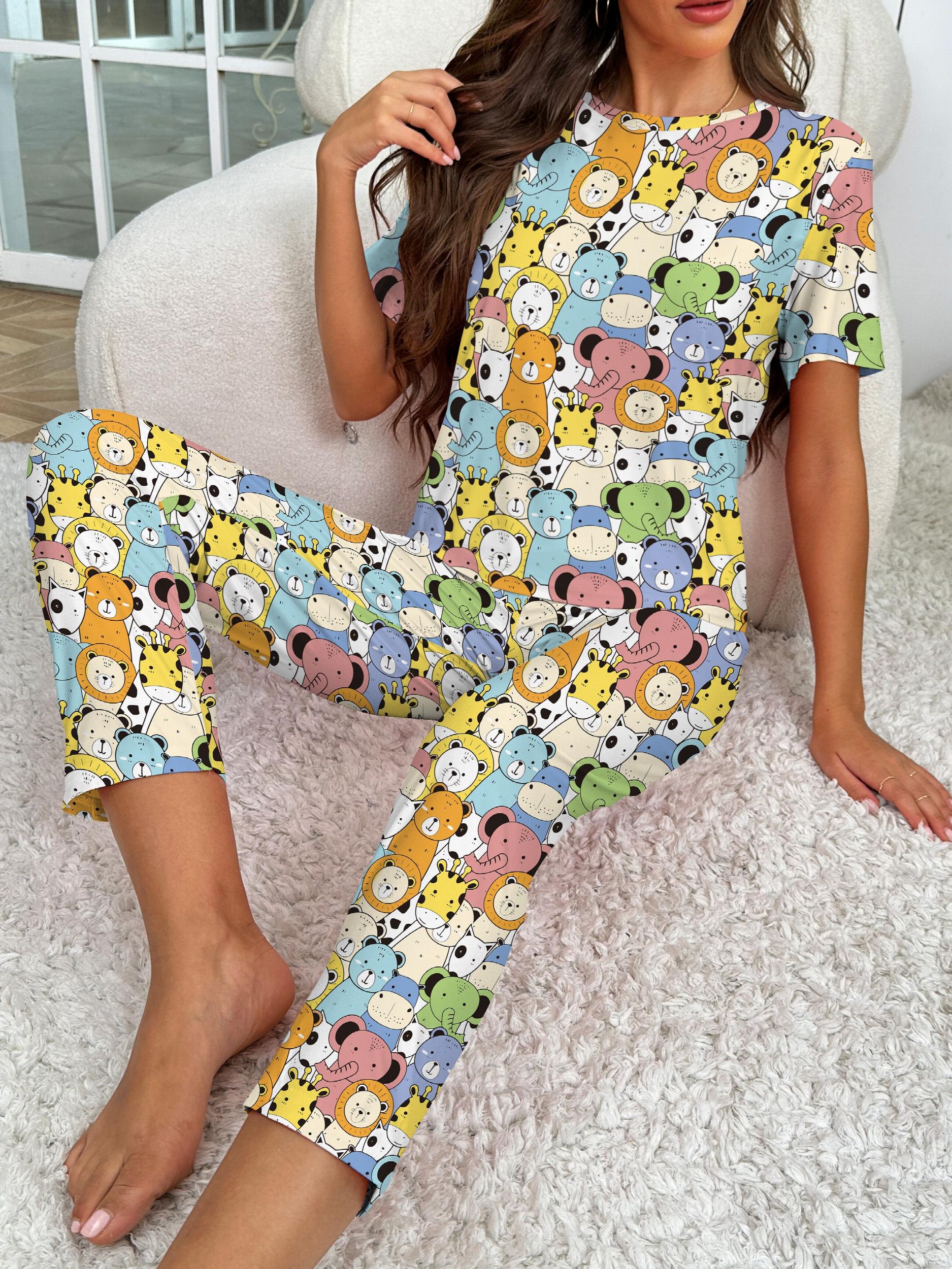 Cartoon Animal Print Pajama Set Short Sleeve Top & Pants