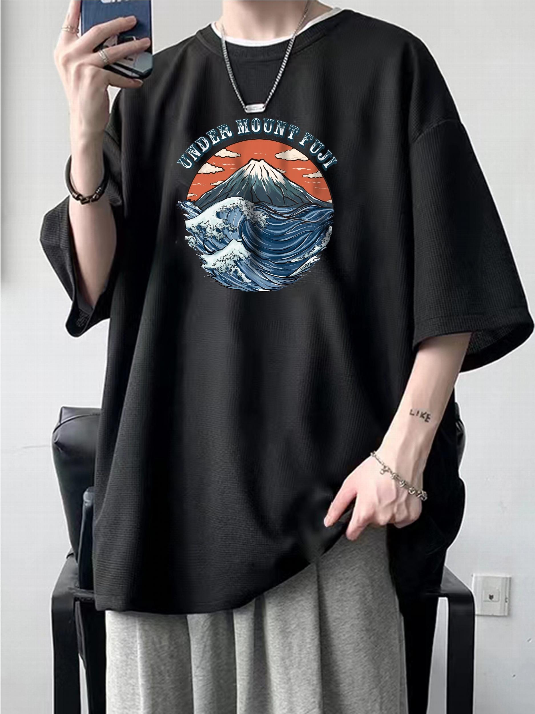Mountain Print Waffle Sports T shirt Short Sleeve Crew Neck Top W