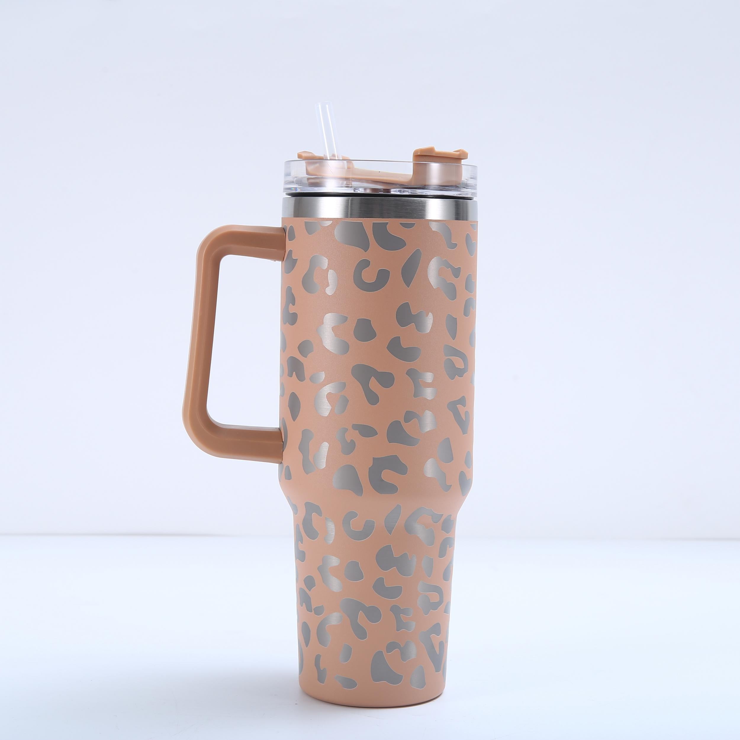 40oz Leopard Print Car Cup Handle Straw Cup Vacuum Tumbler