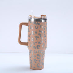 40oz Leopard Print Car Cup Handle Straw Cup Vacuum Tumbler