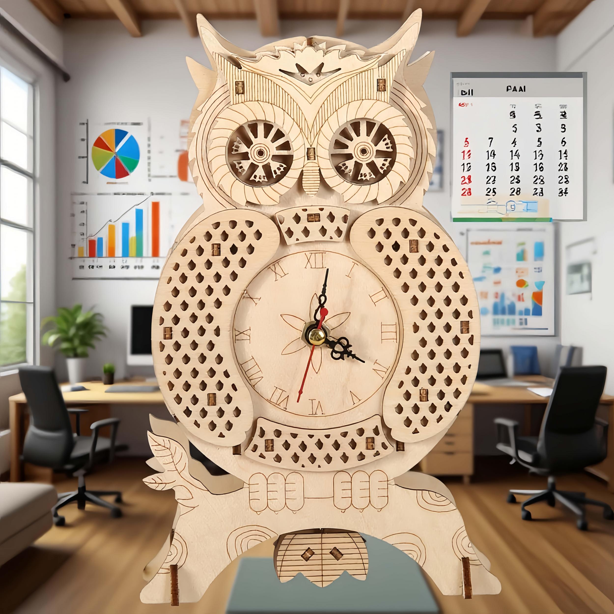 3D Vintage Owl Wooden Puzzle Clock DIY Model High Difficulty Assembly
