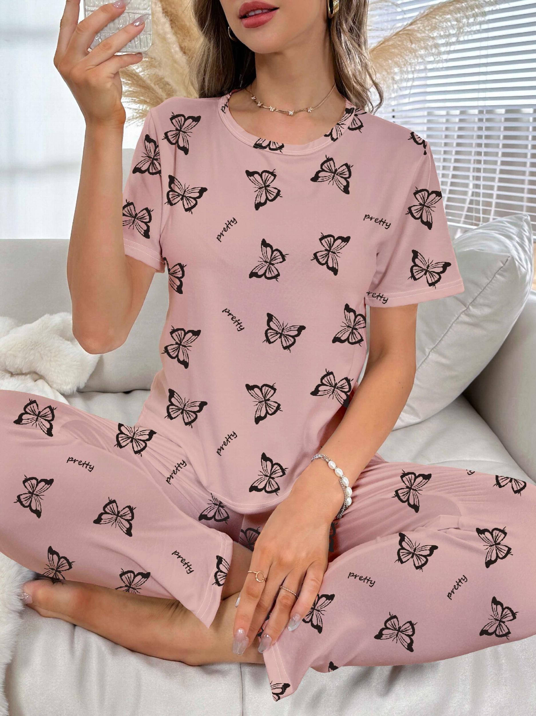 Butterfly Print Pajama Set Short Sleeve Crew Neck Top & Elastic Waistband Pants