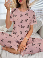 Butterfly Print Pajama Set Short Sleeve Crew Neck Top & Elastic Waistband Pants