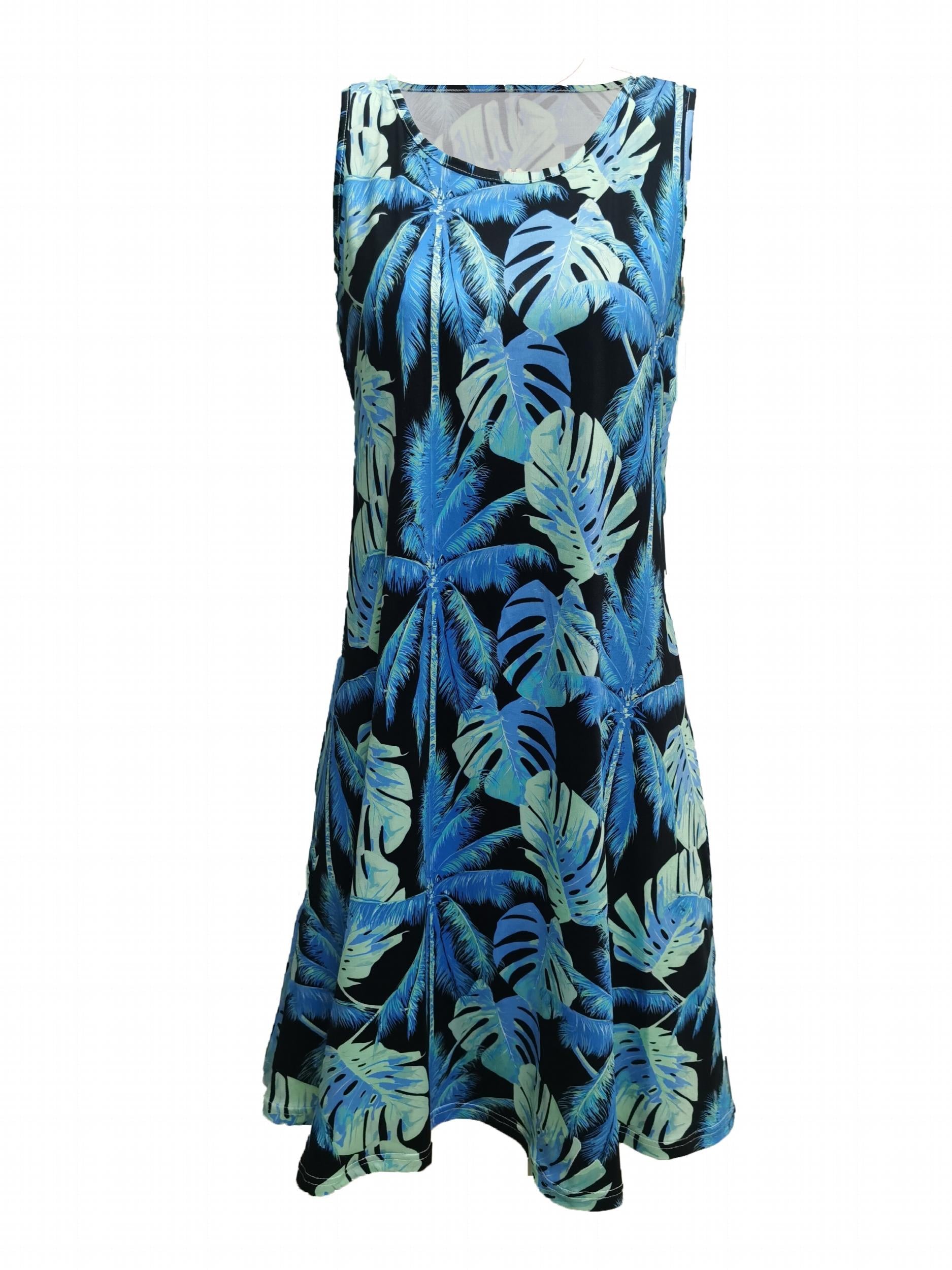 Women's Plus Leaf Print Round Neck Tank Dress