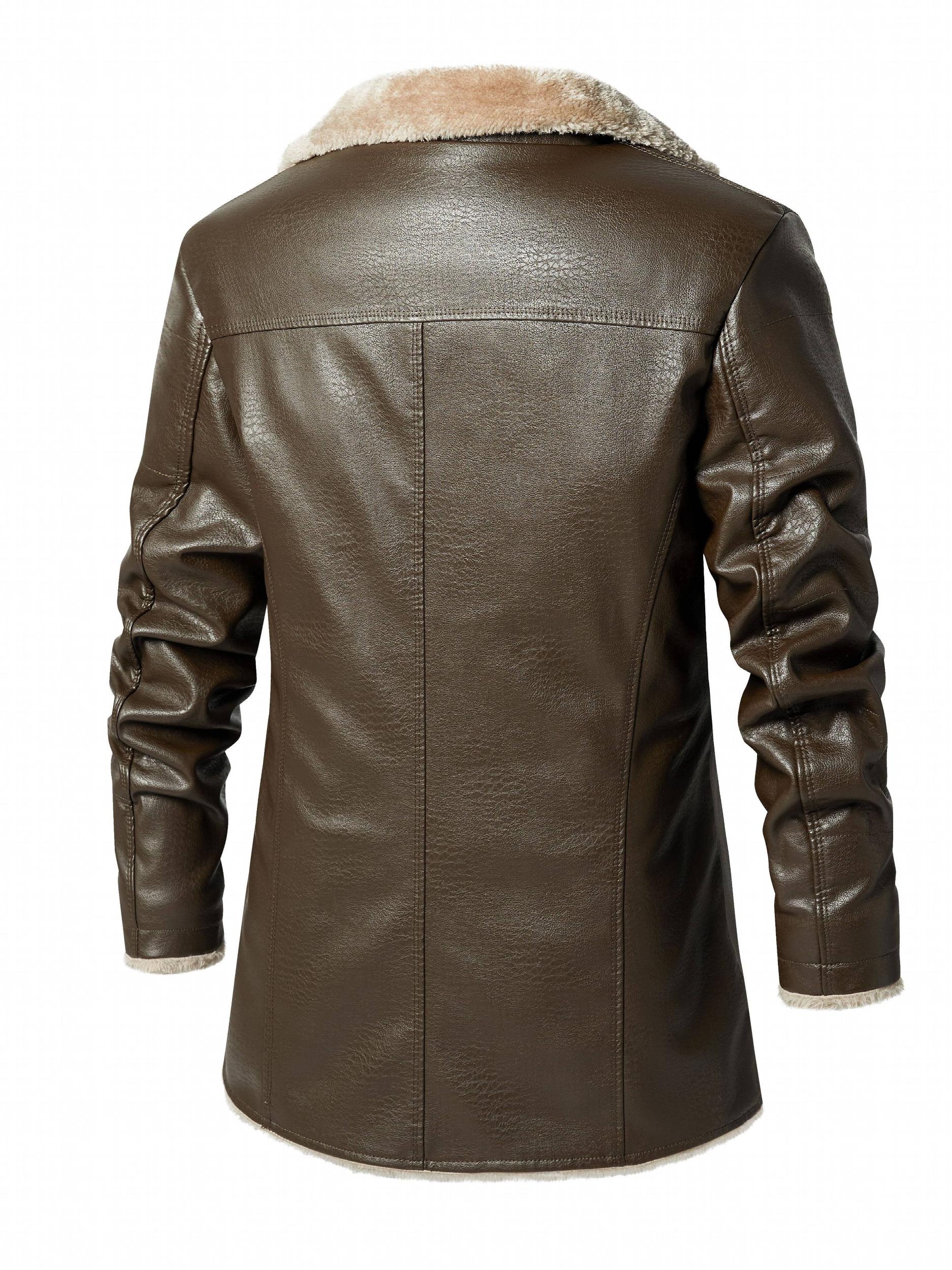 Men's Warm Fleece PU Jacket Button Up Lapel Faux Leather Overcoat