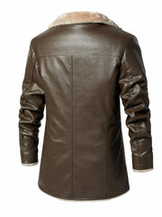 Men's Warm Fleece PU Jacket Button Up Lapel Faux Leather Overcoat