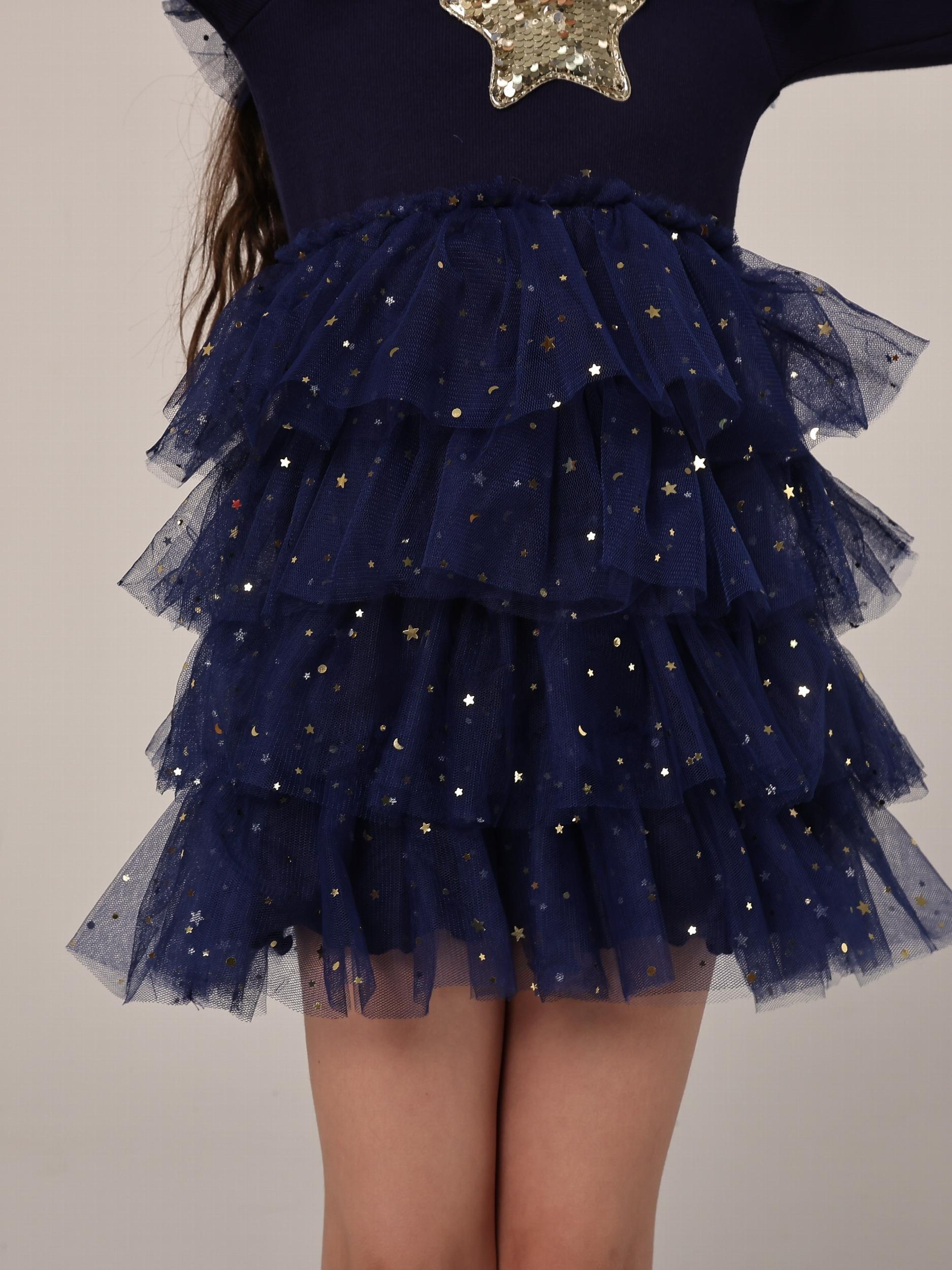 Star Girl Long Sleeve Mesh Tiered Party Tutu Dress Birthday Princess