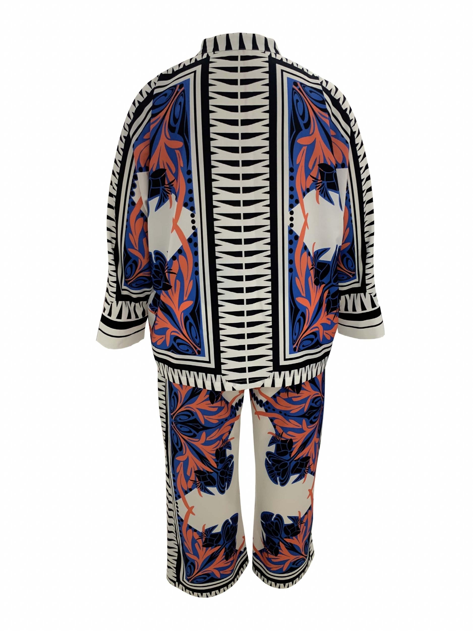 Women's Plus Leaf & Scarf Print Shirt & Pants Outfit Set