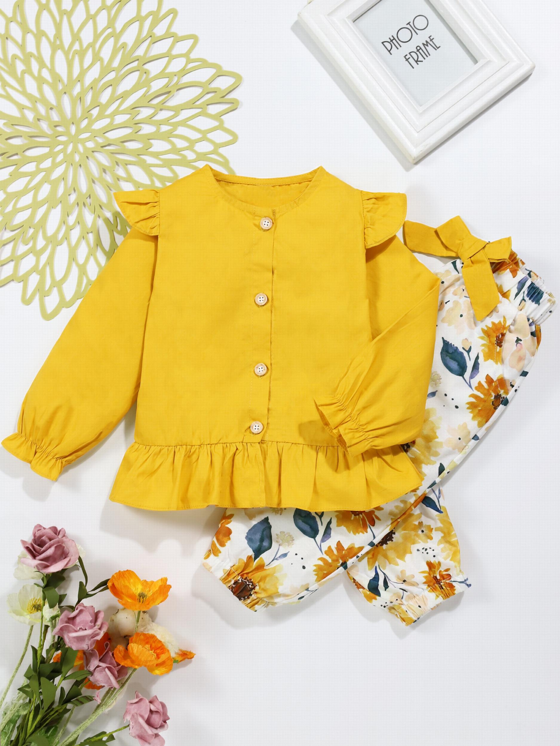 Toddler Baby Girl Clothes Set Long Puff Sleeve Ruffle Top Shirt with Bowknot Flo