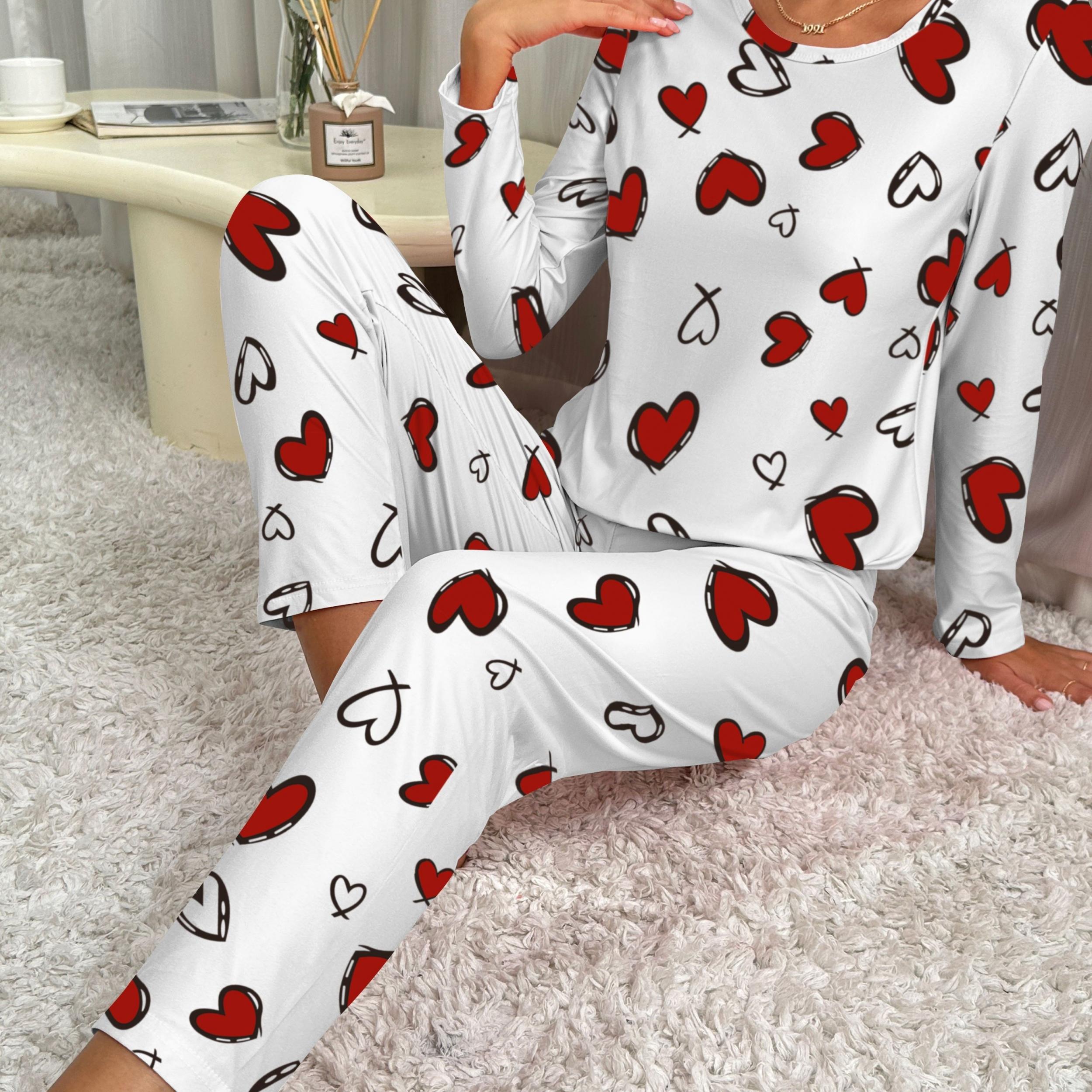 Heart Print Pajama Set Long Sleeve Crew Neck Top & Elastic Waistband Pants