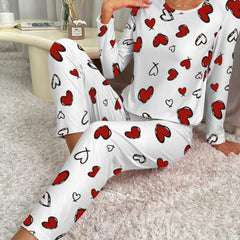Heart Print Pajama Set Long Sleeve Crew Neck Top & Elastic Waistband Pants