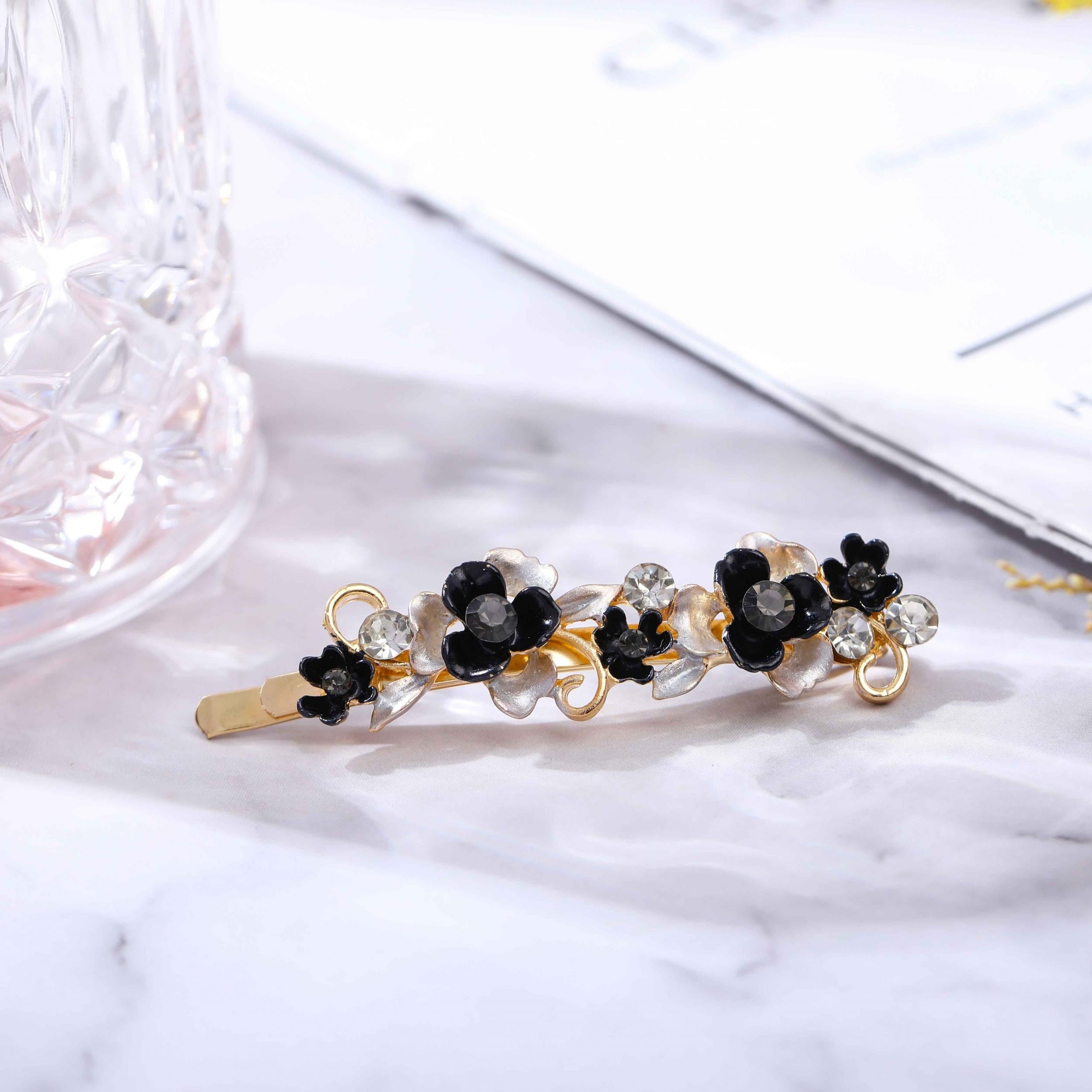 Alloy Flower Edge Clip Retro Style Plant Bangs Clip Rhinestone Clips