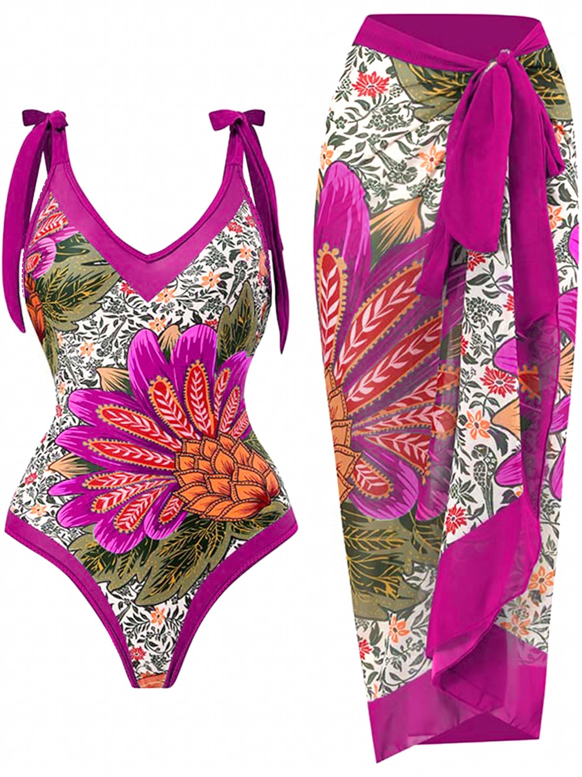 Floral Print Tie Shoulder One Piece Swimsuit & Wrap Maxi Cover Up Dress