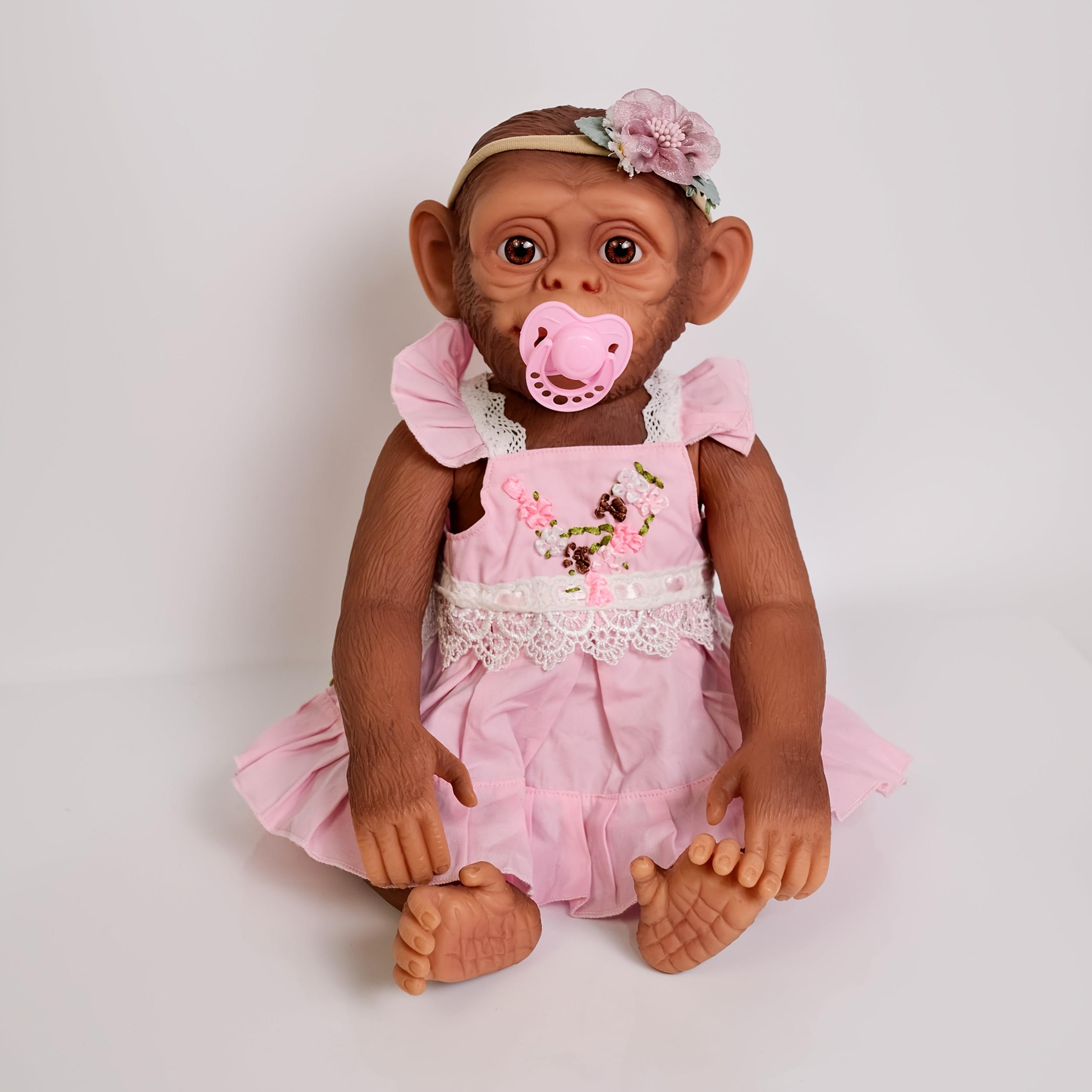 Vinyl Reborn Doll Hand Painted Hair Floral Dress & Green Foliage