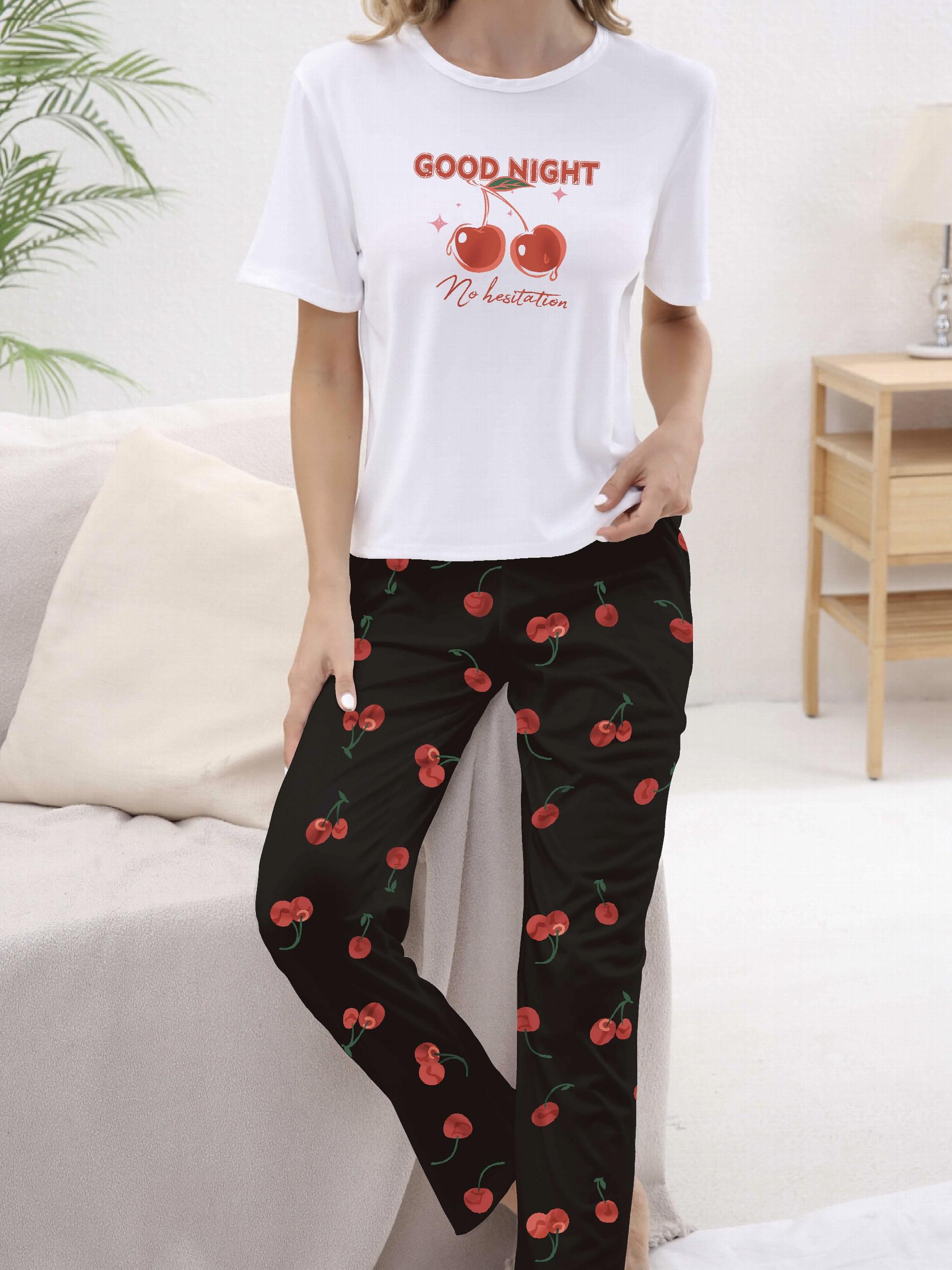 Cherry Print Pajama Set Short Sleeve Top & Pants