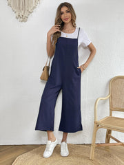 Solid Spaghetti Jumpsuit Wide Leg Jumpsuit With Pockets