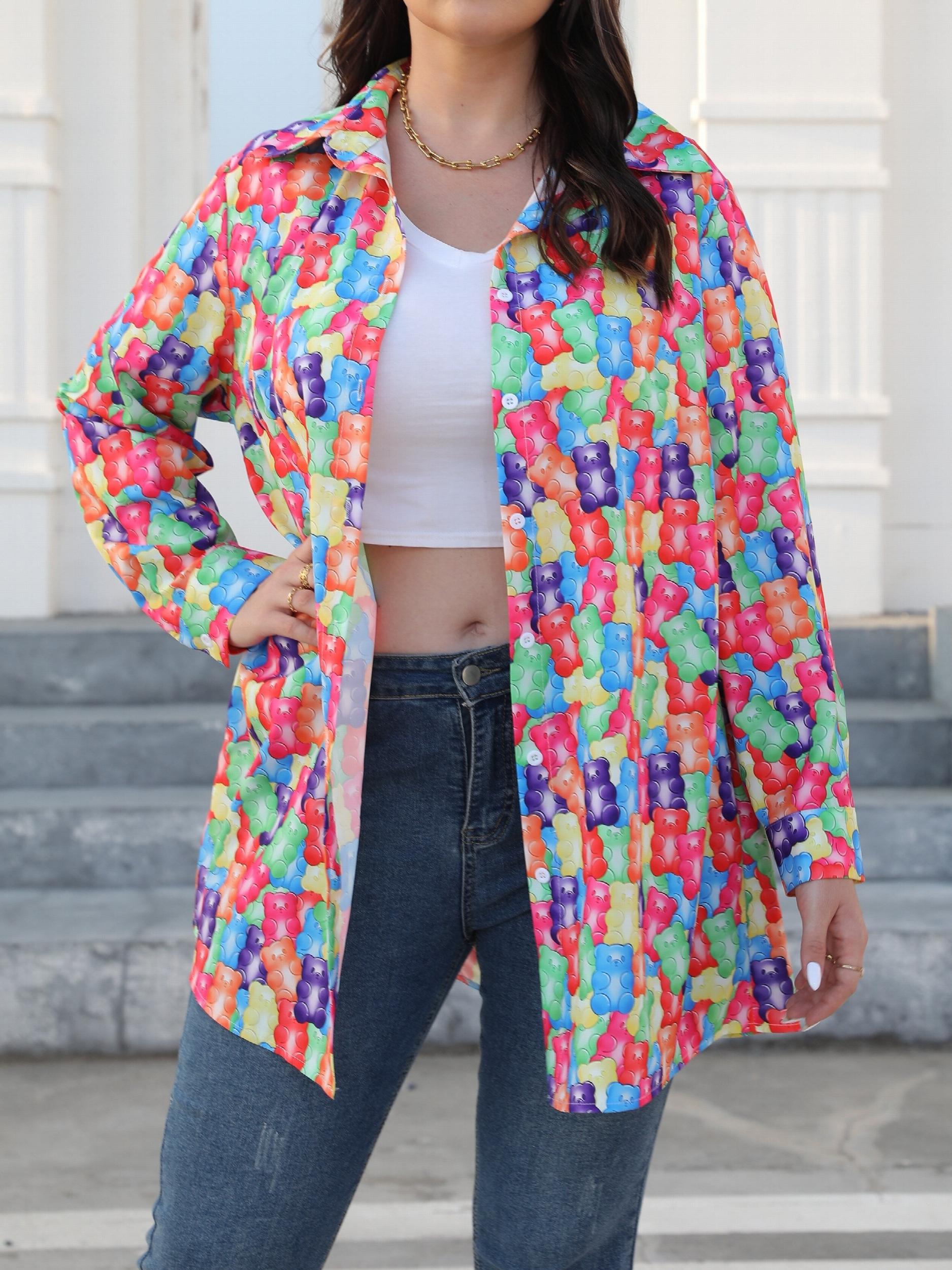 Casual Bear Print Button Up Long Sleeve Blouse