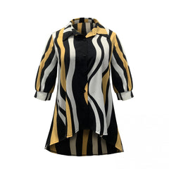 Colorblock Stripe Print Button Up Short Sleeve Blouse