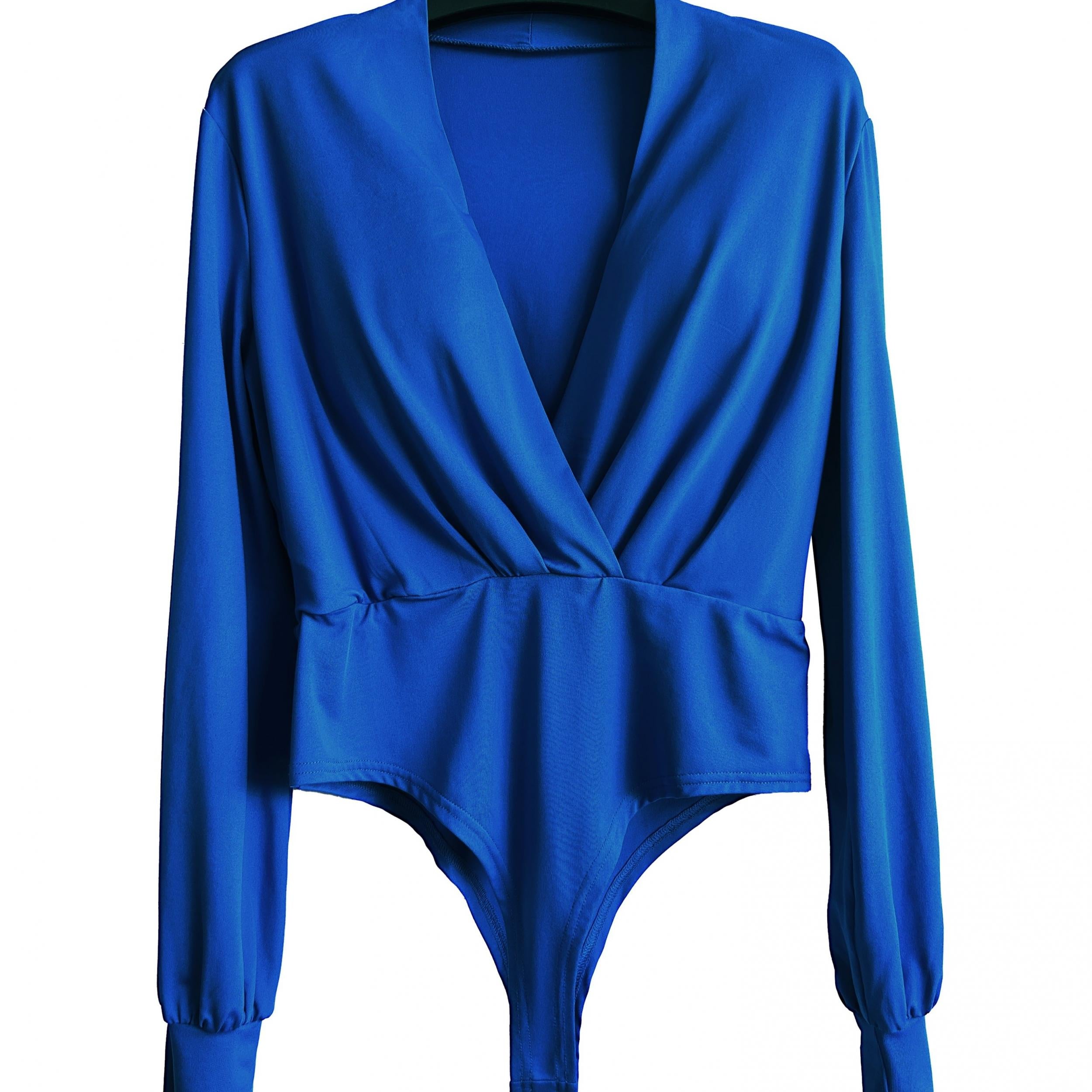 Plunging Surplice Neck Solid Bodysuit Long Sleeve Women's Clothing
