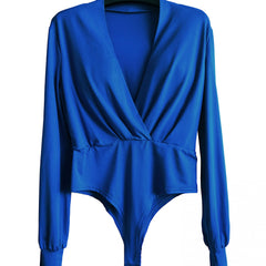 Plunging Surplice Neck Solid Bodysuit Long Sleeve Women's Clothing