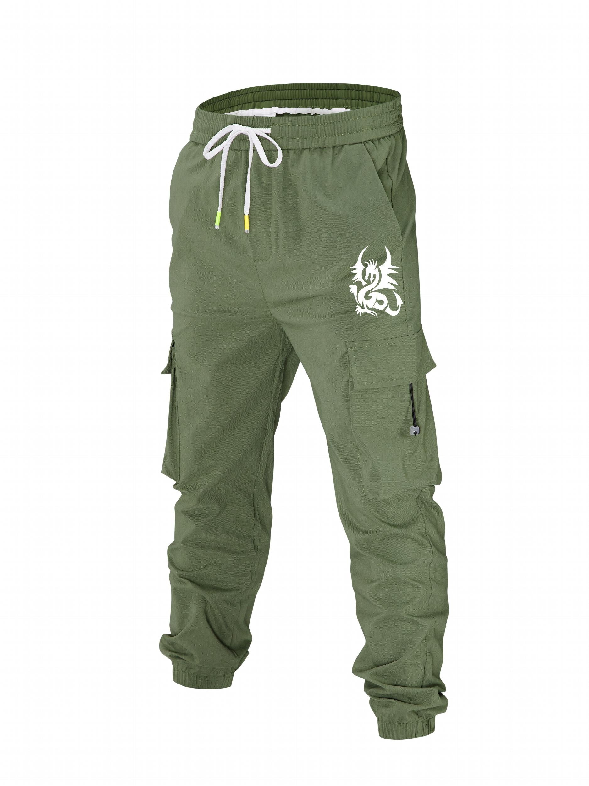 Dragon Print Cargo Pants Men Casual Drawstring Joggers Summer Autumn