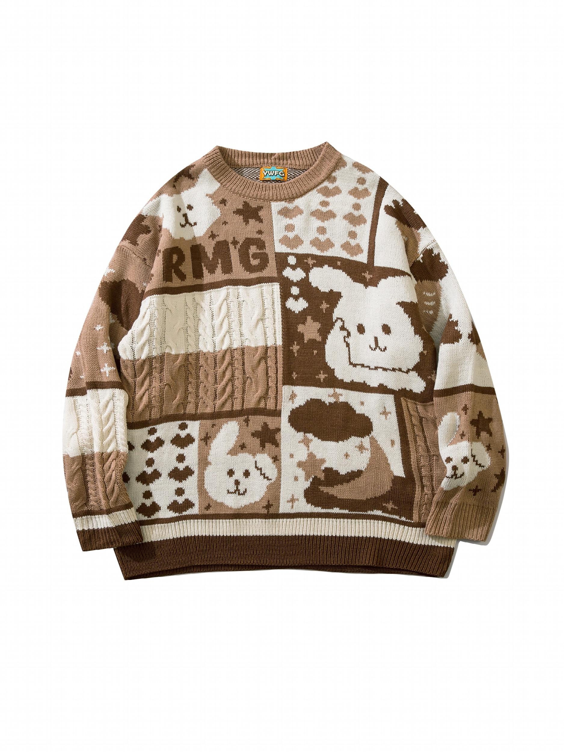 Cartoon Rabbit Pattern Knitted Sweater Men's Casual Warm Pullover