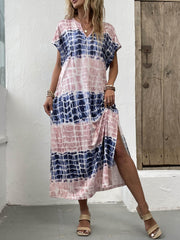 Tie Dye Block V Neck Dress Short Sleeve Casual Dress