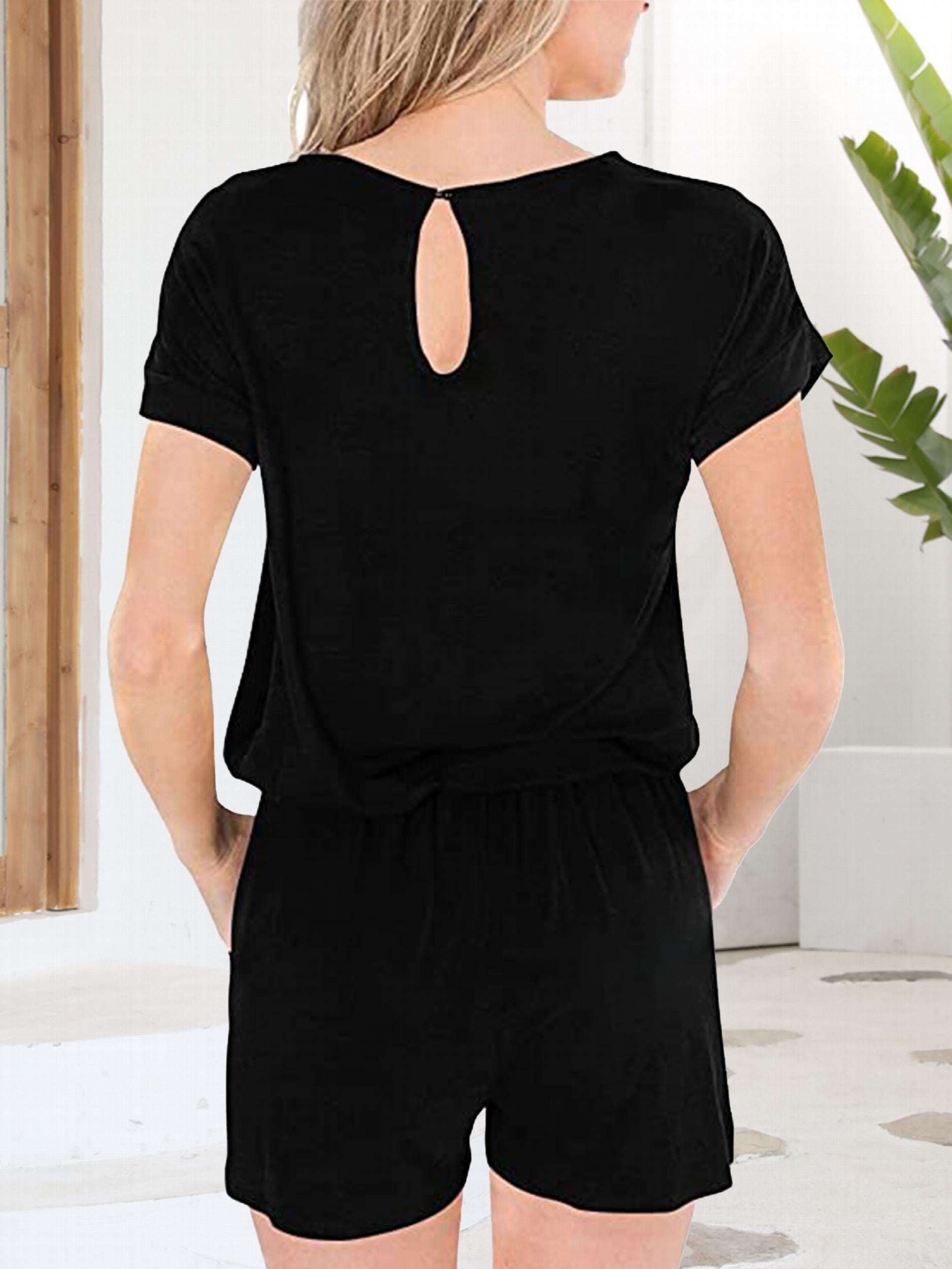 Short Sleeve Solid Romper Jumpsuit with Pockets