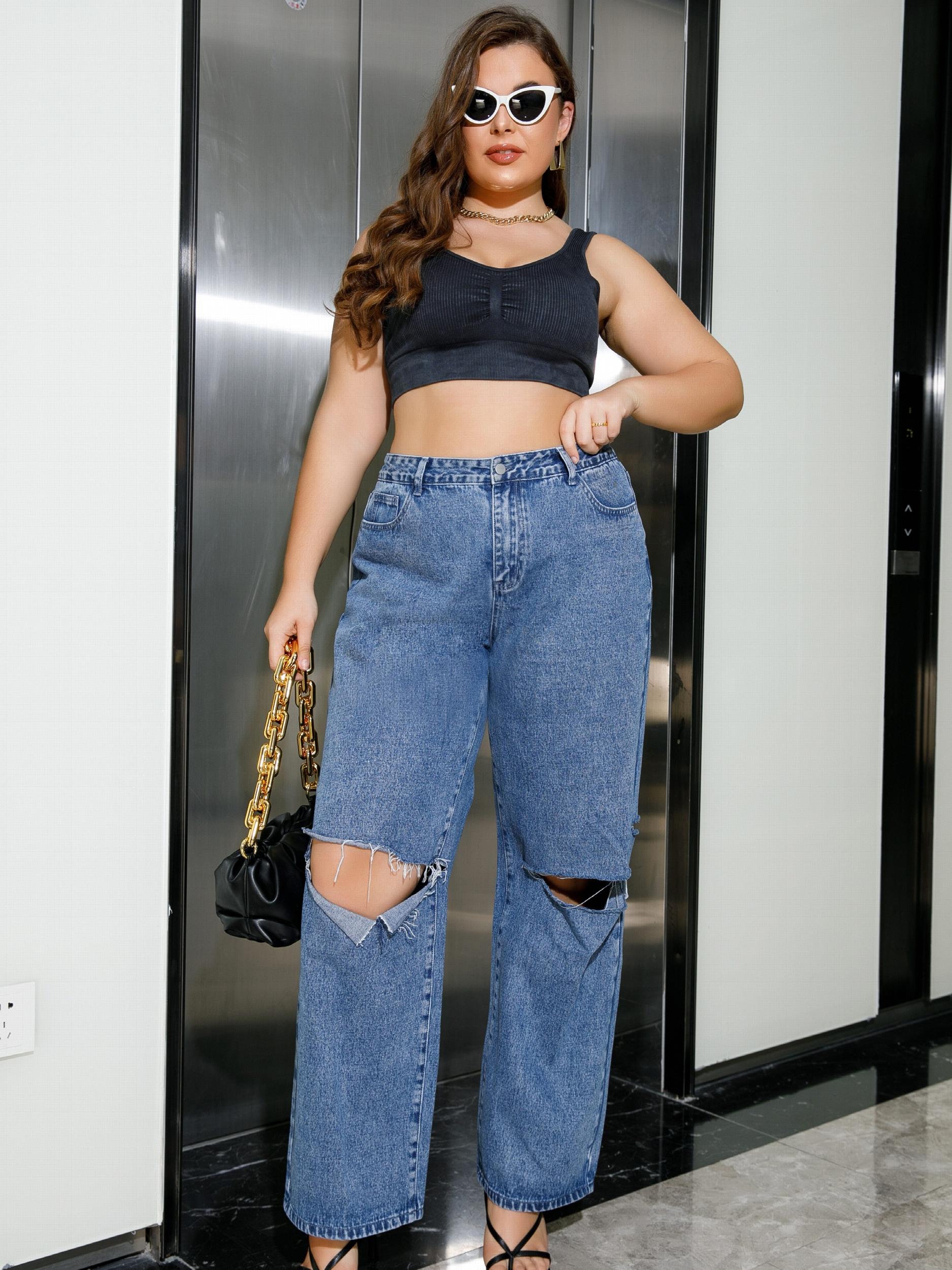 Ripped Wide Leg Denim Pants Women's Plus Y2K Style Jeans