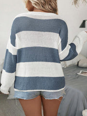Stripe Print Button Up V Neck Sweater