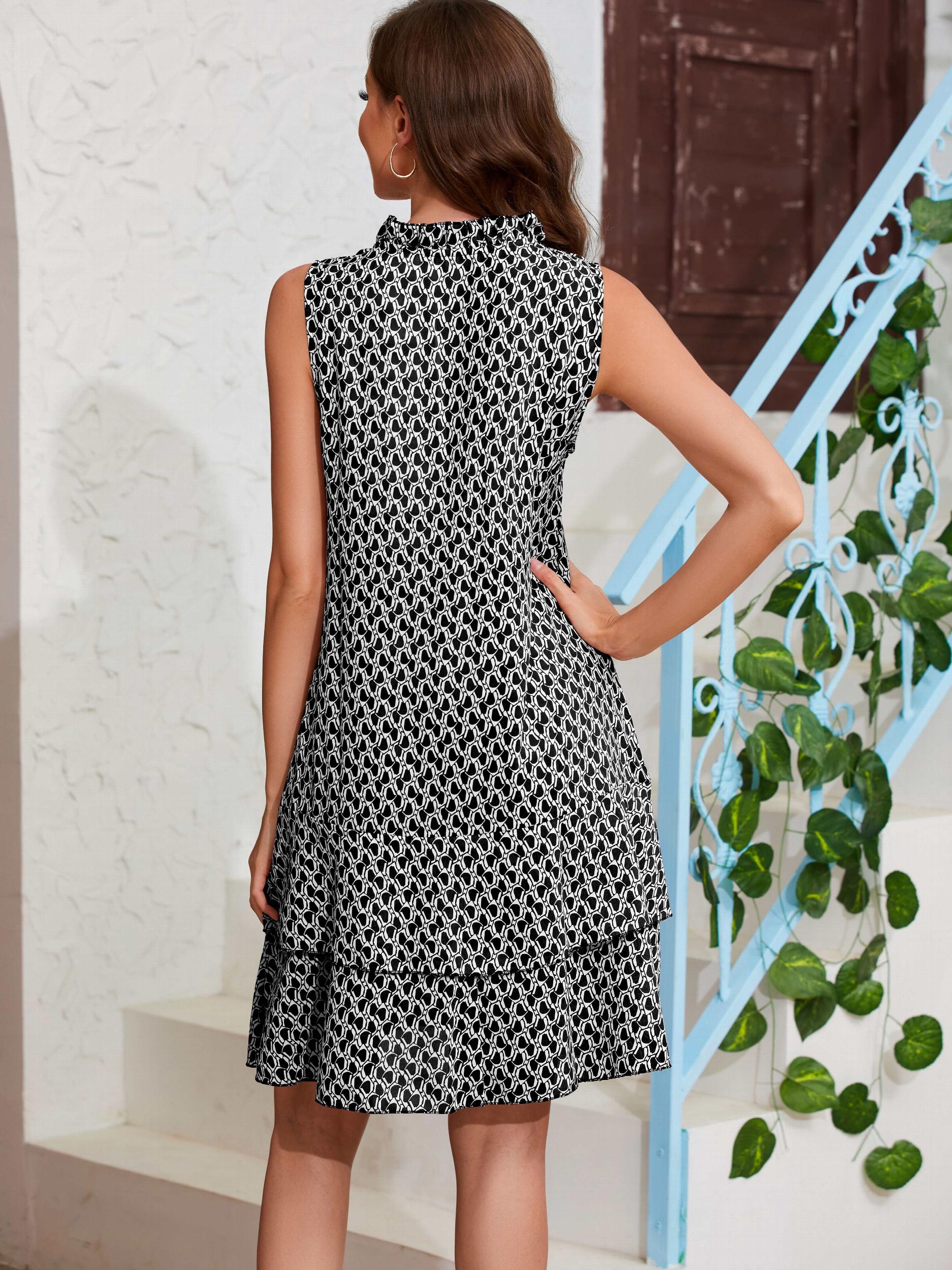 Abstract Print Layered Dress Tie Front Casual Dress Women's Clothing
