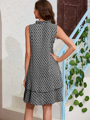 Abstract Print Layered Dress Tie Front Casual Dress Women's Clothing