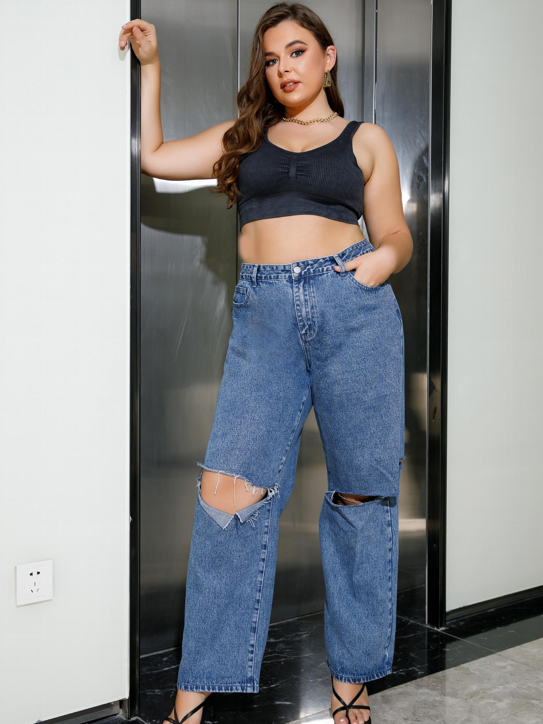 Ripped Wide Leg Denim Pants Women's Plus Y2K Style Jeans