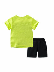 Dino Pattern Green Cotton T-shirt & Shorts Set For Boys Summer