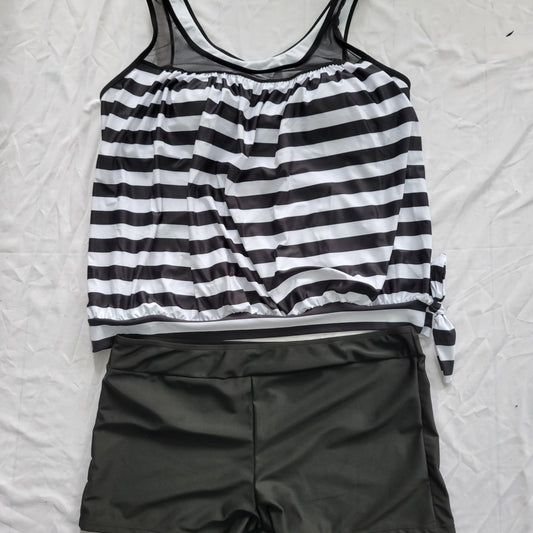 Striped Tankini Set Women's Plus Tank Top & Shorts Two Piece