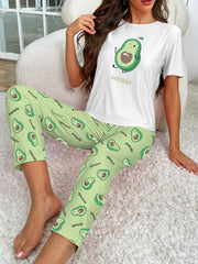 Avocado Print Pajama Set Short Sleeve Top & Pants Women's Sleepwear