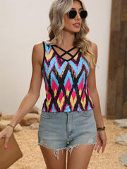 Geometric Print Cross V Neck Tank Top Summer Sleeveless