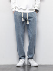 Men's Denim Cropped Pants Elastic Waist Straight Leg Harem