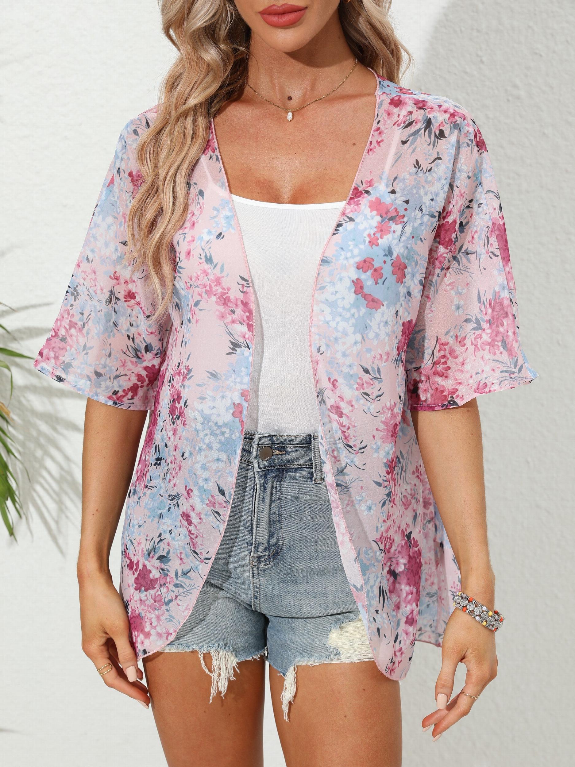 Floral Print Pink Open Front Cover Up Cardigan