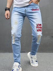 Embroidery Letter Slim Fit Ripped Jeans Men's Street Style Denim Pants