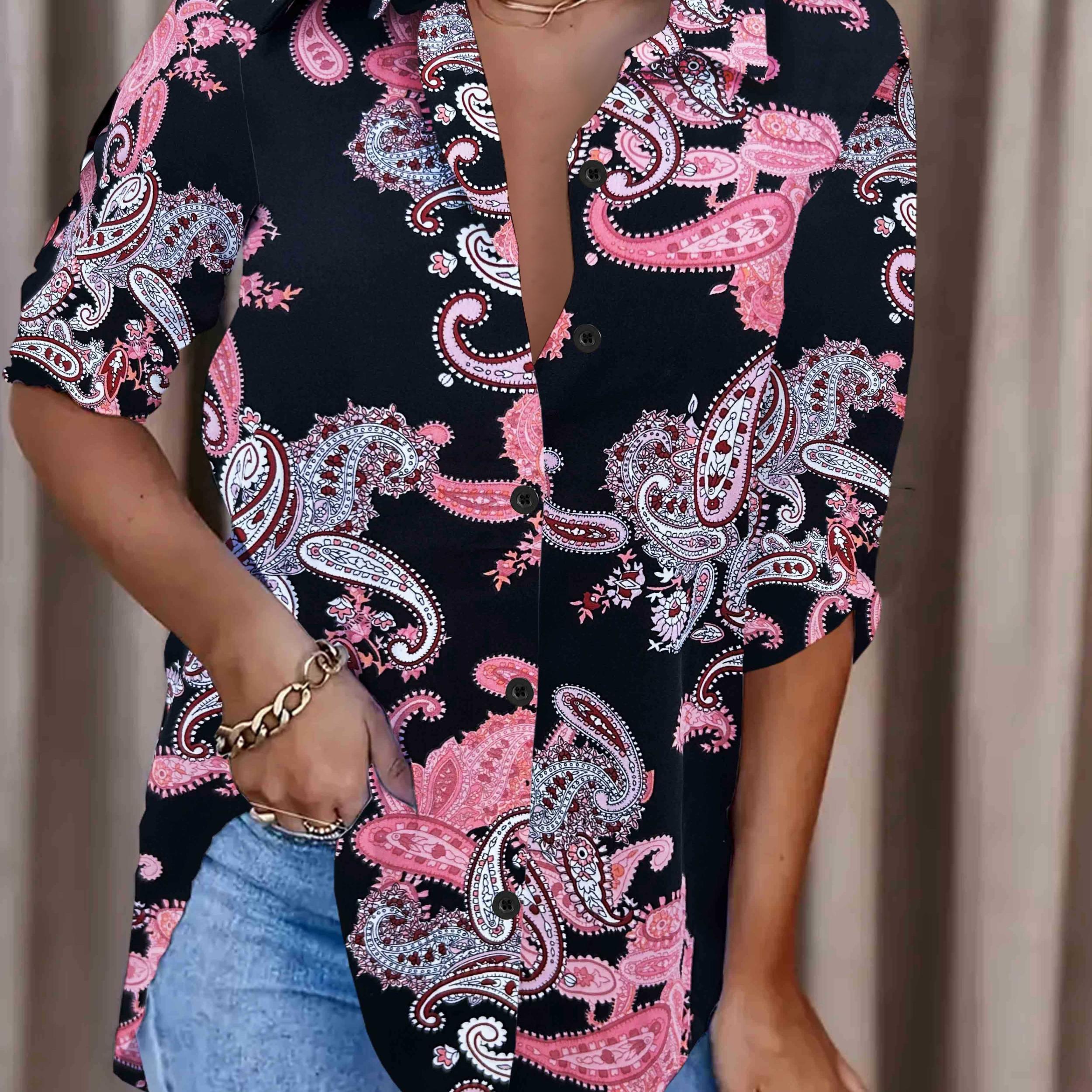 Women's Plus Paisley Floral Print Long Sleeve Boho Blouse