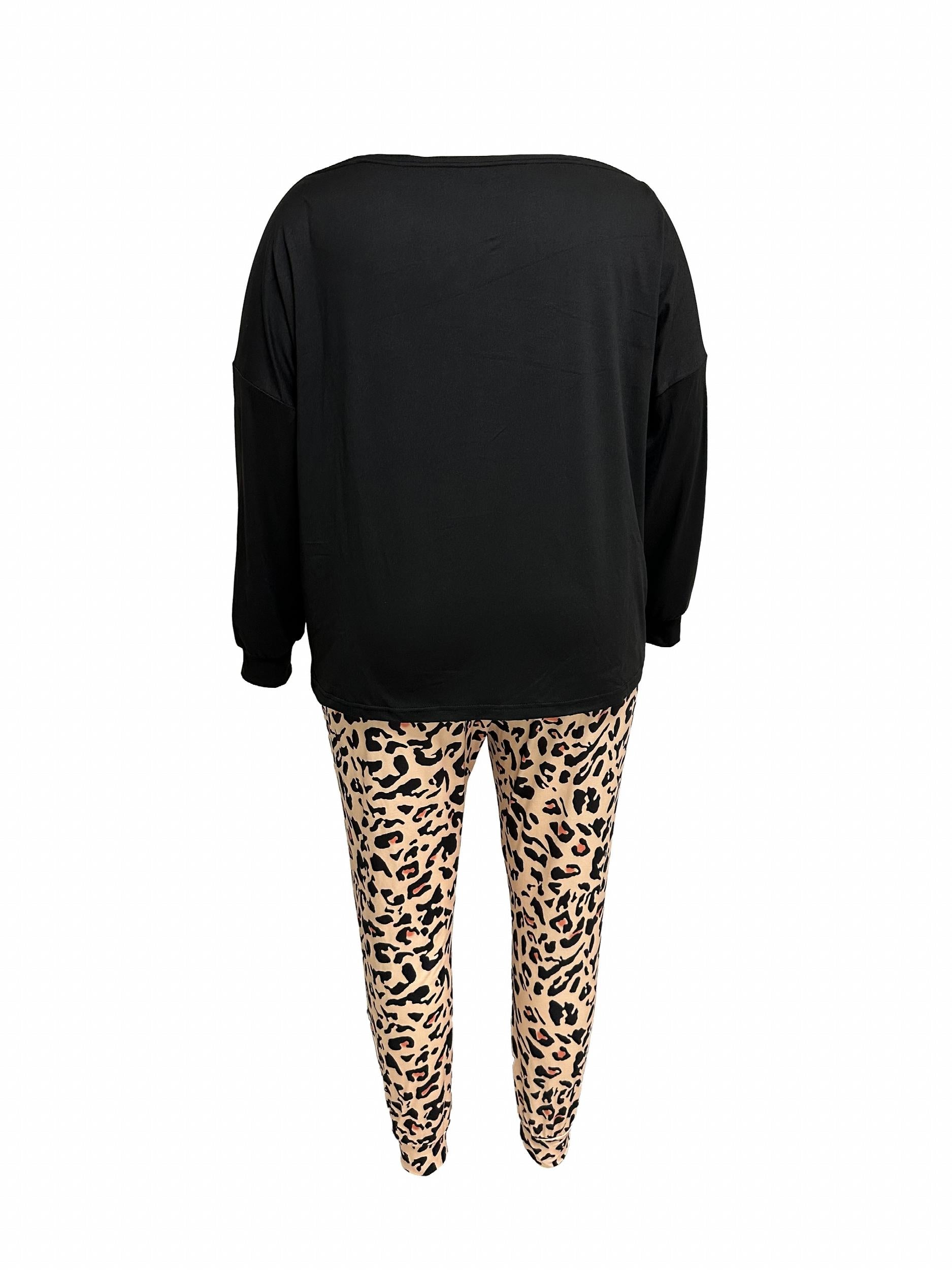 Leopard Print Plus Size Loungewear Set Long Sleeve Tee & Pants Pajama
