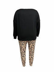 Leopard Print Plus Size Loungewear Set Long Sleeve Tee & Pants Pajama
