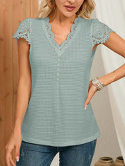 Lace Contrast Button Front Blouse Top V Neck Short Sleeve Tops